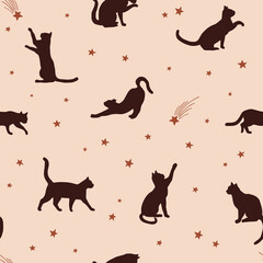 Black cat silhouette among stars in the night sky vector seamless pattern. Boho Halloween cats background. Esoteric outer space pets surface design.