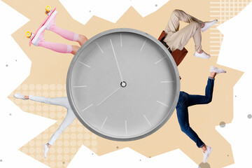Creative abstract template graphics image of clock many legs running do things isolated beige drawing background