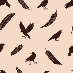 Black Crow silhouette in various poses bird feather vector seamless pattern. Line art retro raven figures background. Boho Halloween mystical surface design.