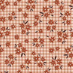 Floral Gingham plaid Boho Halloween vector seamless pattern. Geometric florals abstract background. Retro buffalo check with flowers surface design for autumn holidays gift wrapping paper.