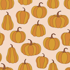 Fall Pumpkin kitchen garden harvest vector seamless pattern. Autumn vegetable background. Boho Halloween surface design.