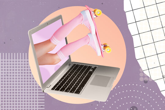 Exclusive minimal magazine sketch image of lady legs riding longboard getting inside laptop screen isolated drawing background