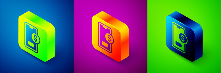 Isometric Smartphone with dollar symbol icon isolated on blue, purple and green background. Online shopping concept. Financial mobile phone icon. Online payment. Square button. Vector