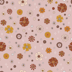 Boho fall florals blossom vector seamless pattern. Autumn flower garden background. Groovy Halloween flower power surface design.