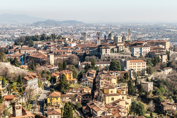 Fototapeta na wymiar Aerial view of the historic center of Bergamo Alta