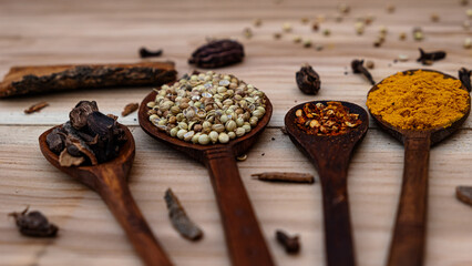different wooden spoons on the brown table. Wooden Spoon filled with various spices. Spices. Spice in Wooden spoon. turmeric. cinnamon. spoon. wooden spoon