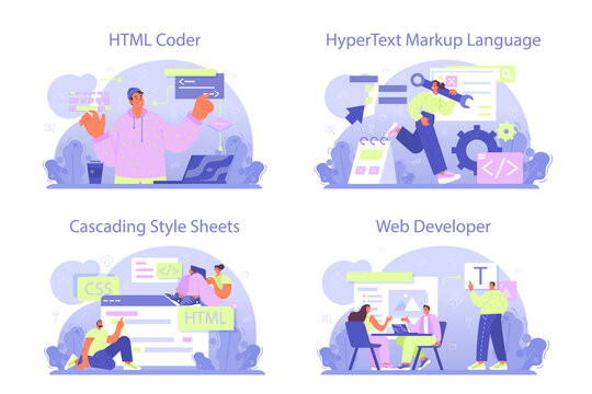 Website development set. HTML coding process. Digital specialist creating