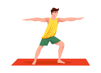 Active man in sportswear doing yoga exercise at home or gym. Flexible male practicing Fitness or  Pilates on mat. Healthy lifestyle concept. Vector cartoon character illustration.