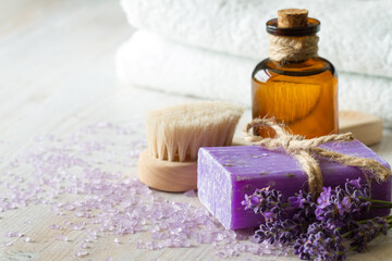 Fototapeta na wymiar Lavender body care and aromatherapy products, spa concept