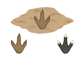 A set of dinosaur foot, dinosaur footprint, and dinosaur footprint on the ground from the past. © 6-SensE