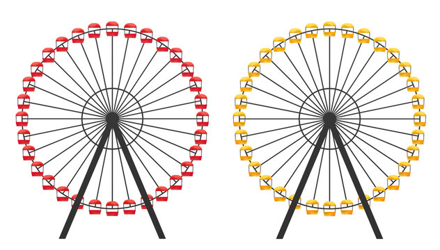A pair of two colors Ferris Wheels from the amusement park.