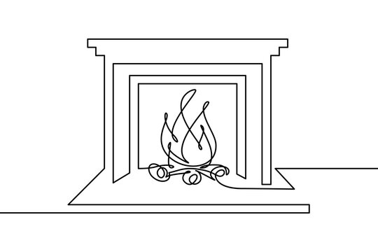 recommend clip art: Fireplace in continuous line art drawing style. Classic fireplace, element of room interior black linear sketch isolated on white background. Vector illustration