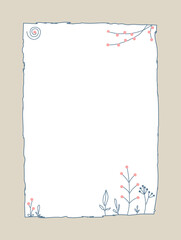 Frame is decorated with contours of flowers, branches and leaves. Botanical vector illustration, template for greeting card or invitation. Hand drawing