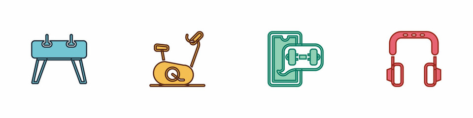 Set Pommel horse, Stationary bicycle, Fitness app and Headphones icon. Vector