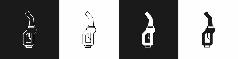 Set Gasoline pump nozzle icon isolated on black and white background. Fuel pump petrol station. Refuel service sign. Gas station icon. Vector