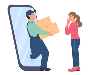 Loader comes out of a giant smartphone and carries heavy boxes in his hands. Happy girl meets delivery man with order. Online shopping via smartphone application, mobile payment. Vector illustration