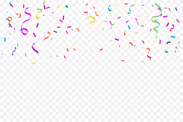 Many Falling Colorful Tiny Confetti And Ribbon On Transparent Background. Celebration Event and Party. Multicolored. Vector