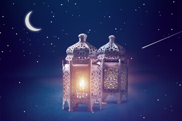 Ramadan Kareem concept. Greeting photo of beautiful Arabic lantern on night background