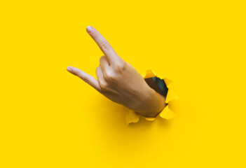A left woman's hand shows a rock and roll gesture, a party, a goat on a yellow background with a...