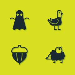 Set Ghost, Hedgehog, Acorn and Dove icon. Vector