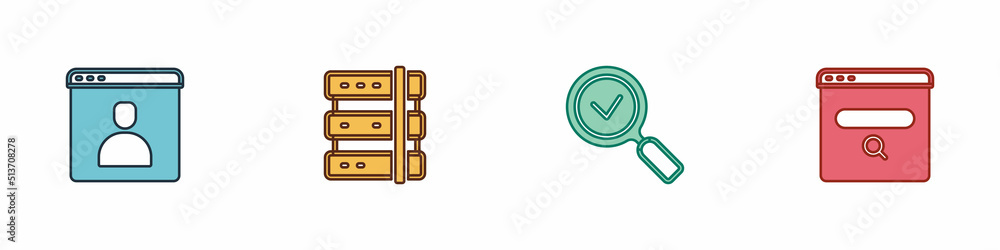 Poster set create account screen, server, magnifying glass with check mark and search engine icon. vector