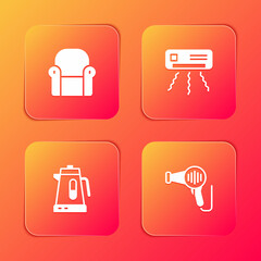 Set Armchair, Air conditioner, Electric kettle and Hair dryer icon. Vector