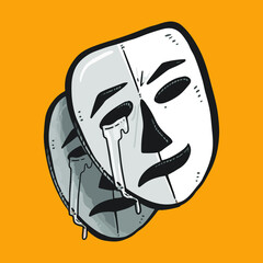 Fototapeta na wymiar White sad crying two-face mask illustration