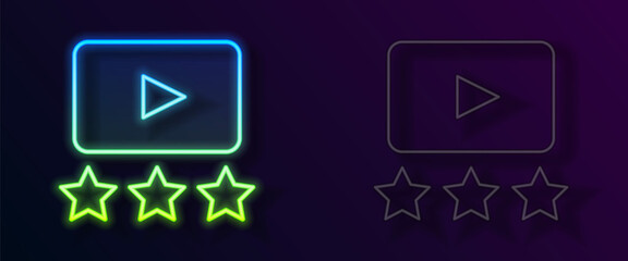 Glowing neon line Film or movie cinematography rating or review icon isolated on black background. Vector