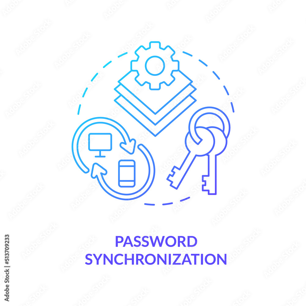 Poster Password synchronization blue gradient concept icon. Management abstract idea thin line illustration. Sync between multiple systems. Isolated outline drawing. Myriad Pro-Bold font used