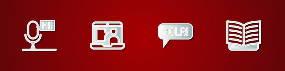 Set Microphone voice device, Foreign language online study, Hola different languages and Open book icon. Vector © vector_v