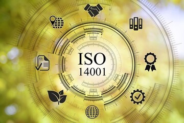 Different virtual International Organization for Standardization icons on blurred green background