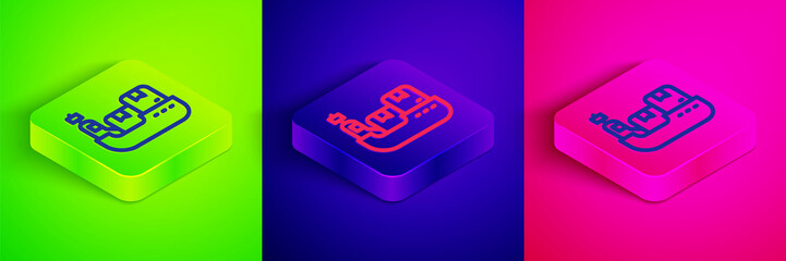 Isometric line Cargo ship with boxes delivery service icon isolated on green, blue and pink background. Delivery, transportation. Freighter with parcels, boxes, goods. Square button. Vector