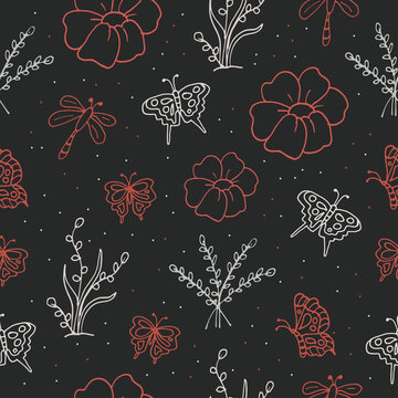 modern ethnic motif for dress, fabric, textile, wallpaper. hand drawn vector. seamless pattern with flower, leaf, dragonfly and butterfly illustration isolated on black background. unique motif. 