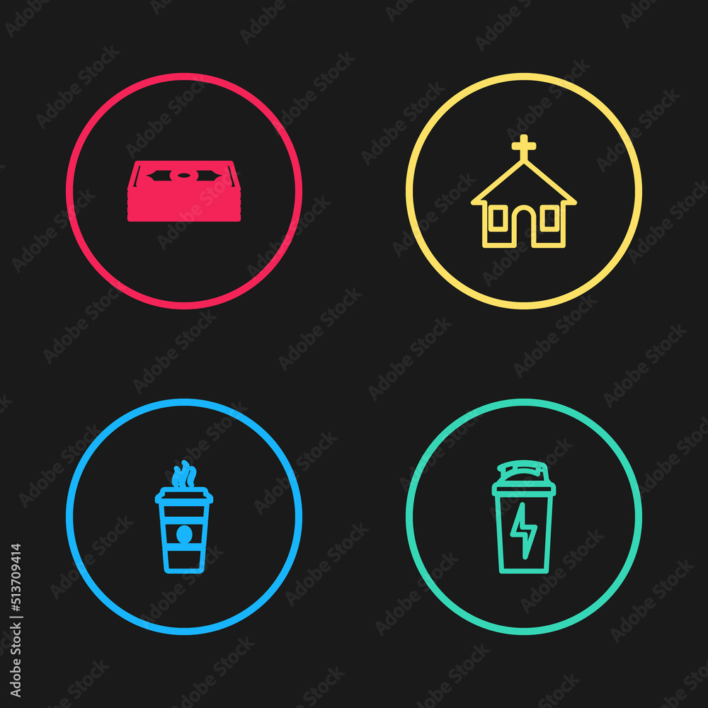 Sticker Set line Coffee cup, Fitness shaker, Church building and Stacks paper money cash icon. Vector