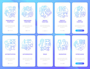 Identity management blue gradient onboarding mobile app screen set. System walkthrough 5 steps graphic instructions with linear concepts. UI, UX, GUI template. Myriad Pro-Bold, Regular fonts used