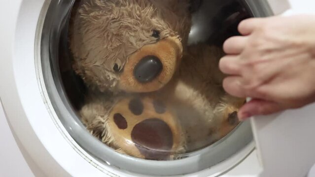Soft toy brown bear is washable in the washing machine