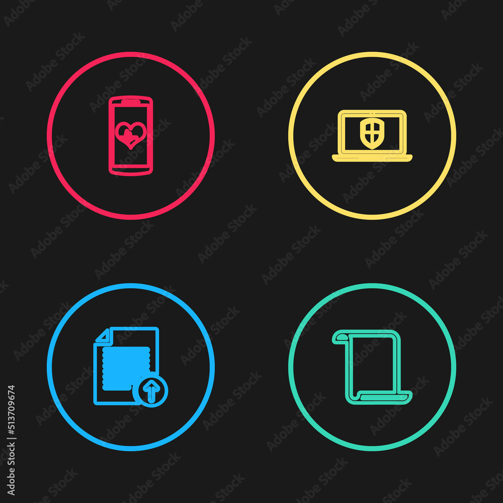 Poster set line upload file, paper scroll, laptop with shield and smartphone heart rate icon. vector