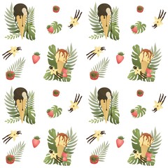 Seamless pattern with ice-cream, strawberry, vanilla. Food and summer concept. Perfect for product design, scrapbooking, textile, wrapping.