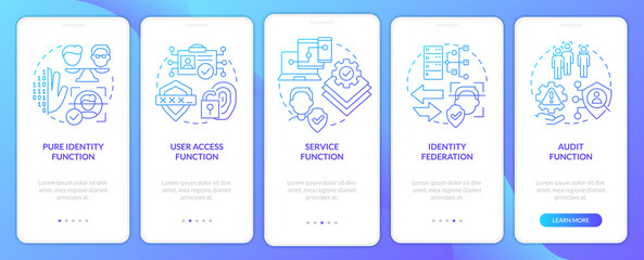 Functions blue gradient onboarding mobile app screen. Online identification walkthrough 5 steps graphic instructions with linear concepts. UI, UX, GUI template. Myriad Pro-Bold, Regular fonts used