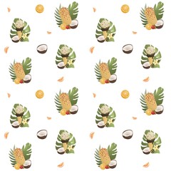 Seamless pattern with ice-cream, coconut, oranges. Food and summer concept. Perfect for product design, scrapbooking, textile, wrapping.