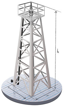 Metal derrick of an oil well placed on a graph paper with the dimensions penciled with lines and arrows (cut out)