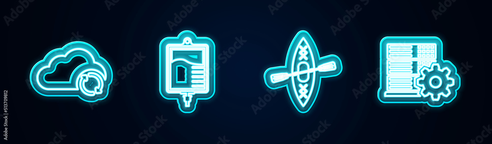 Poster set line cloud sync refresh, iv bag, kayak and paddle and server setting. glowing neon icon. vector