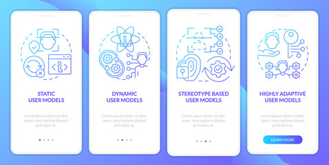 Fototapeta na wymiar User modeling blue gradient onboarding mobile app screen. Interaction walkthrough 4 steps graphic instructions with linear concepts. UI, UX, GUI template. Myriad Pro-Bold, Regular fonts used