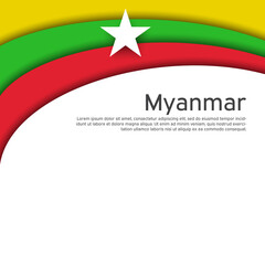 Abstract waving myanmar flag. Creative background for design of patriotic holiday card. National poster. State myanmar patriotic cover, flyer. Paper cut style. Vector tricolor design