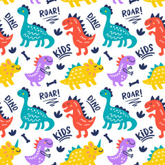 Seamless Pattern with cute funny dinosaur