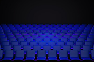 Naklejka premium 3D render the same rows of blue cartoon soft chairs in the theater. Concept of a beautiful movie theater with chairs