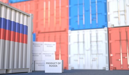 Carton with PRODUCT OF RUSSIA text and many containers, 3D rendering