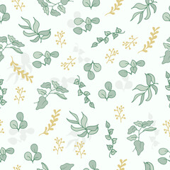 beautiful floral background. seamless pattern with leaf illustration. blue and gold colors. hand drawn vector. pastel color. foliage icon. wallpaper, wrapping paper and gift, backdrop, fabric, textile