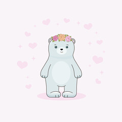 Cute little polar bear with flowers on pink background with hearts. Children's vector illustration, character