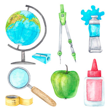 Set of elements back to school, globe, magnifying glass, compass, apple, ribbon, glue bottle, paint tube, sharpener. Hand-drawn watercolor illustration isolated on white background.